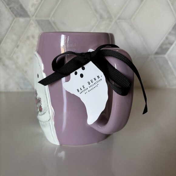 Rae Dunn Hey Boo Ghost Mug Flowers Purple Pink Magenta New Halloween - Picture 2 of 10